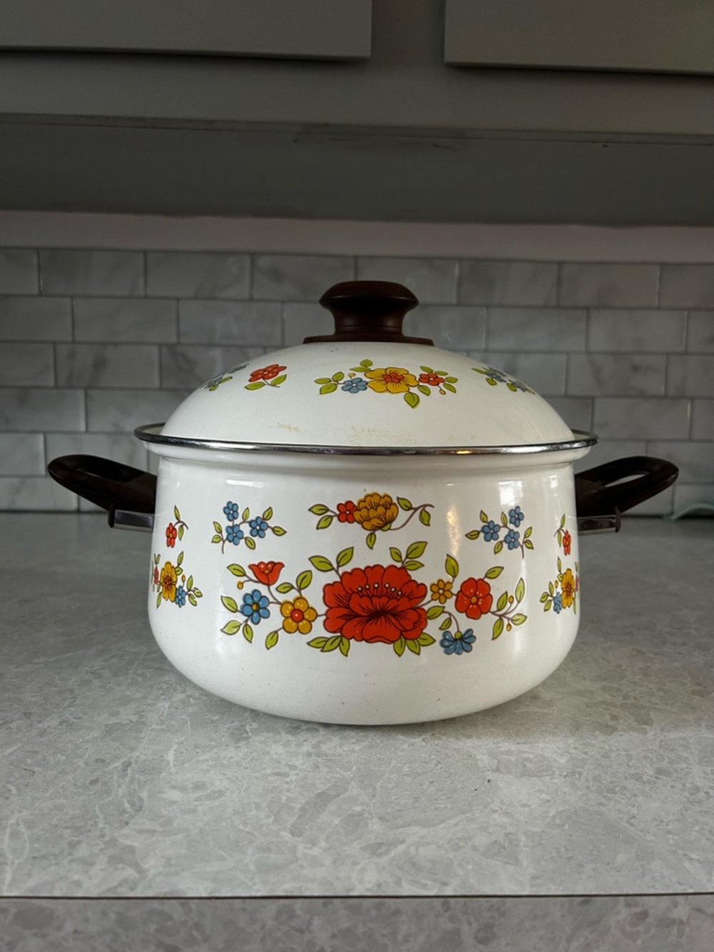 Vintage White Floral Enamel Stockpot with Wood Handle Lid, Retro Cooking Pot